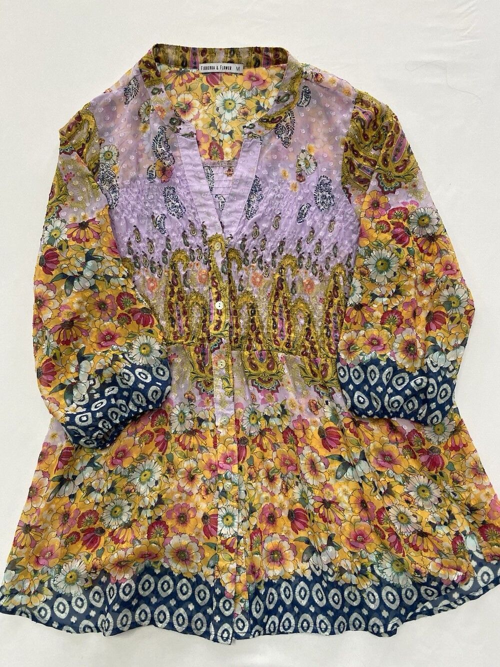 Figueroa & Flower Mixed Floral Paisley Boho Peplum Blouse Medium